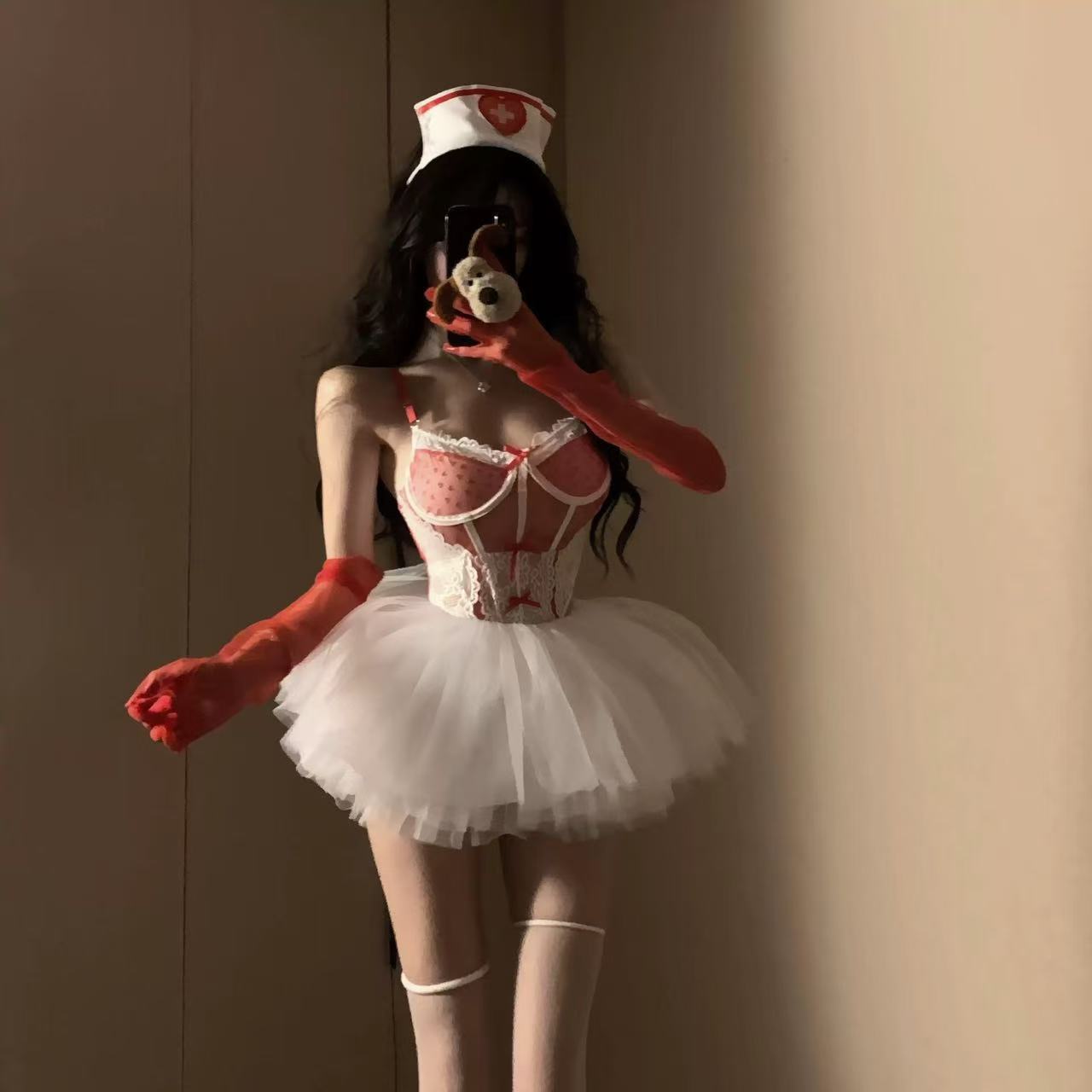 Image of Man Lust Erotic Lingerie Pure Lust Nurse Uniform Lace Bow Heart Shaped Sheer Jumpsuit Sexy Set 9276